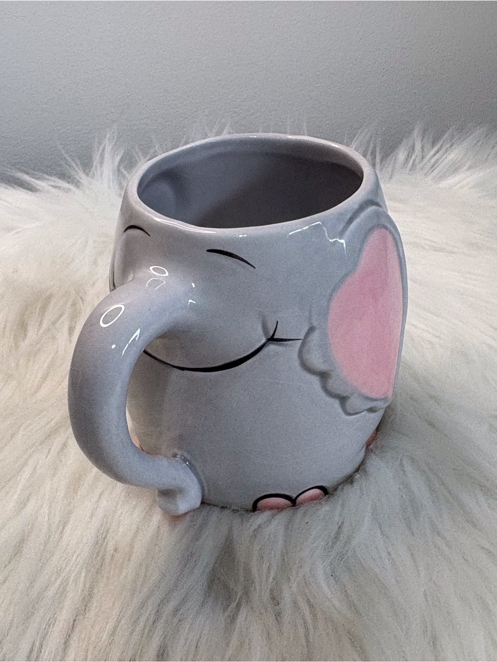 Smiling Elephant Ceramic Mug with Pink Ear Accents